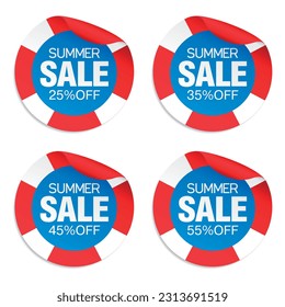 Summer sale red stickers set 25%, 35%, 45%, 55% off discount with lifebuoy. Vector illustration
