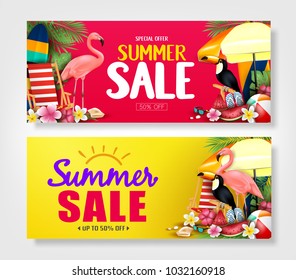 Summer Sale Red and Yellow Banners with Realistic Pink Flamingo, Black Toucan, Tropical Leaves, Flowers, Watermelon and Umbrella Vector Illustration. For Promotional Purposes
