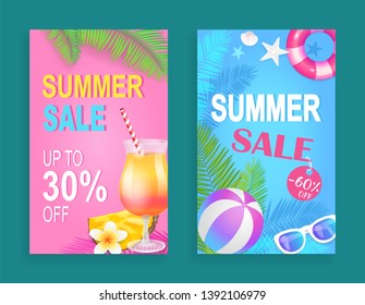 Summer sale reduction posters set vector. Cocktail with straw, rubber and lifebuoy, sunglasses,,  and conch. Palm tree foliage promotion and sell out
