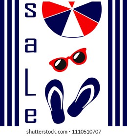 Summer Sale. Summer is a rest time.Glasses from the sun, ball, sea, summer vacation.Striped background.