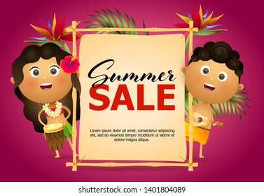 Summer sale retail poster design. Hawaiian girl and guy playing drum and guitar on magenta background. Vector illustration can be used for labels, flyers, signs