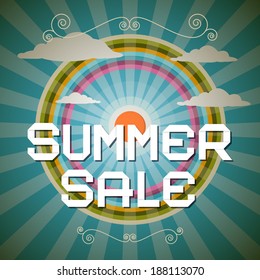 Summer Sale Retro Illustration with Rainbow, Clouds and Sun