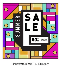 Summer sale retro memphis style web banner. Fashion and travel discount poster. Vector holiday Abstract colorful retro illustration with special offer and promotion.