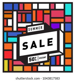 Summer sale retro memphis style web banner. Fashion and travel discount poster. Vector holiday Abstract colorful retro illustration with special offer and promotion.