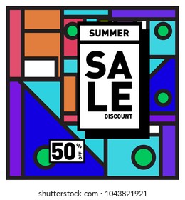 Summer sale retro memphis style web banner. Fashion and travel discount poster. Vector holiday Abstract colorful retro illustration with special offer and promotion.