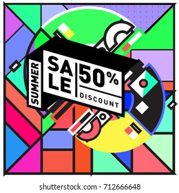 Summer sale retro memphis style web banner. Fashion and travel discount poster. Vector holiday Abstract colorful retro illustration with special offer and promotion.