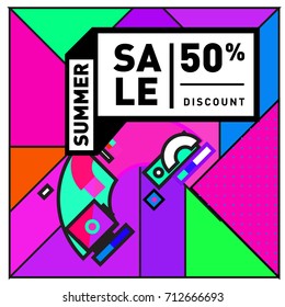 Summer sale retro memphis style web banner. Fashion and travel discount poster. Vector holiday Abstract colorful retro illustration with special offer and promotion.