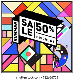 Summer sale retro memphis style web banner. Fashion and travel discount poster. Vector holiday Abstract colorful retro illustration with special offer and promotion.