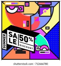 Summer sale retro memphis style web banner. Fashion and travel discount poster. Vector holiday Abstract colorful retro illustration with special offer and promotion.