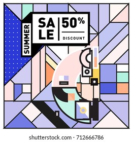 Summer sale retro memphis style web banner. Fashion and travel discount poster. Vector holiday Abstract colorful retro illustration with special offer and promotion.