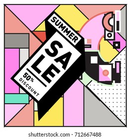 Summer sale retro memphis style web banner. Fashion and travel discount poster. Vector holiday Abstract colorful retro illustration with special offer and promotion.