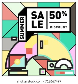 Summer sale retro memphis style web banner. Fashion and travel discount poster. Vector holiday Abstract colorful retro illustration with special offer and promotion.