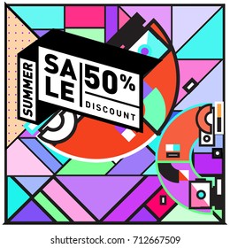 Summer sale retro memphis style web banner. Fashion and travel discount poster. Vector holiday Abstract colorful retro illustration with special offer and promotion.