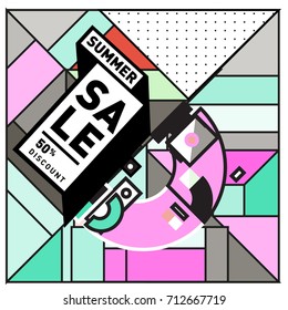 Summer sale retro memphis style web banner. Fashion and travel discount poster. Vector holiday Abstract colorful retro illustration with special offer and promotion.