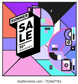 Summer sale retro memphis style web banner. Fashion and travel discount poster. Vector holiday Abstract colorful retro illustration with special offer and promotion.