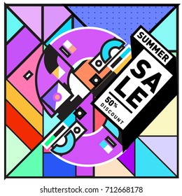 Summer sale retro memphis style web banner. Fashion and travel discount poster. Vector holiday Abstract colorful retro illustration with special offer and promotion.
