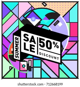 Summer sale retro memphis style web banner. Fashion and travel discount poster. Vector holiday Abstract colorful retro illustration with special offer and promotion.
