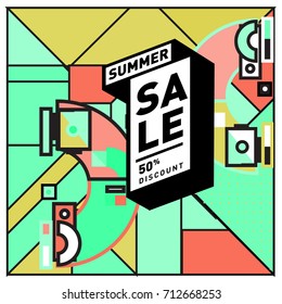 Summer sale retro memphis style web banner. Fashion and travel discount poster. Vector holiday Abstract colorful retro illustration with special offer and promotion.