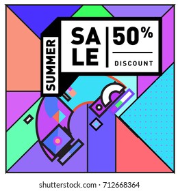 Summer sale retro memphis style web banner. Fashion and travel discount poster. Vector holiday Abstract colorful retro illustration with special offer and promotion.
