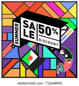 Summer sale retro memphis style web banner. Fashion and travel discount poster. Vector holiday Abstract colorful retro illustration with special offer and promotion.
