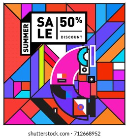 Summer sale retro memphis style web banner. Fashion and travel discount poster. Vector holiday Abstract colorful retro illustration with special offer and promotion.