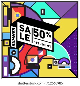 Summer sale retro memphis style web banner. Fashion and travel discount poster. Vector holiday Abstract colorful retro illustration with special offer and promotion.