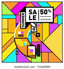 Summer sale retro memphis style web banner. Fashion and travel discount poster. Vector holiday Abstract colorful retro illustration with special offer and promotion.