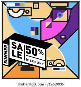 Summer sale retro memphis style web banner. Fashion and travel discount poster. Vector holiday Abstract colorful retro illustration with special offer and promotion.