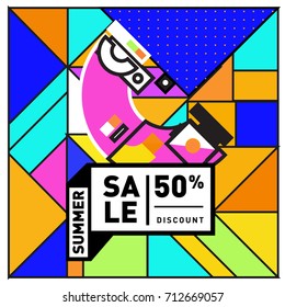 Summer sale retro memphis style web banner. Fashion and travel discount poster. Vector holiday Abstract colorful retro illustration with special offer and promotion.