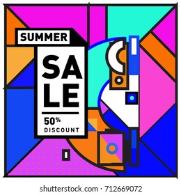 Summer sale retro memphis style web banner. Fashion and travel discount poster. Vector holiday Abstract colorful retro illustration with special offer and promotion.