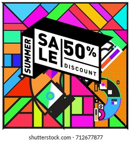 Summer sale retro memphis style web banner. Fashion and travel discount poster. Vector holiday Abstract colorful retro illustration with special offer and promotion.