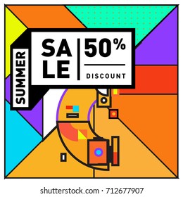 Summer sale retro memphis style web banner. Fashion and travel discount poster. Vector holiday Abstract colorful retro illustration with special offer and promotion.