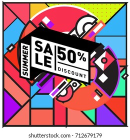 Summer sale retro memphis style web banner. Fashion and travel discount poster. Vector holiday Abstract colorful retro illustration with special offer and promotion.