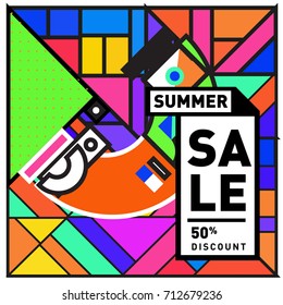 Summer sale retro memphis style web banner. Fashion and travel discount poster. Vector holiday Abstract colorful retro illustration with special offer and promotion.