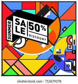 Summer sale retro memphis style web banner. Fashion and travel discount poster. Vector holiday Abstract colorful retro illustration with special offer and promotion.