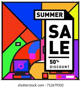 Summer sale retro memphis style web banner. Fashion and travel discount poster. Vector holiday Abstract colorful retro illustration with special offer and promotion.