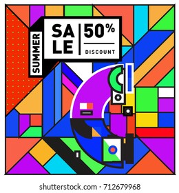 Summer sale retro memphis style web banner. Fashion and travel discount poster. Vector holiday Abstract colorful retro illustration with special offer and promotion.