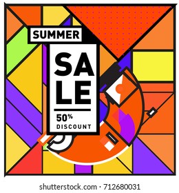 Summer sale retro memphis style web banner. Fashion and travel discount poster. Vector holiday Abstract colorful retro illustration with special offer and promotion.