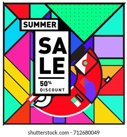 Summer sale retro memphis style web banner. Fashion and travel discount poster. Vector holiday Abstract colorful retro illustration with special offer and promotion.
