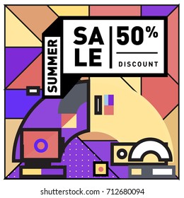 Summer sale retro memphis style web banner. Fashion and travel discount poster. Vector holiday Abstract colorful retro illustration with special offer and promotion.
