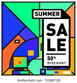 Summer sale retro memphis style web banner. Fashion and travel discount poster. Vector holiday Abstract colorful retro illustration with special offer and promotion.