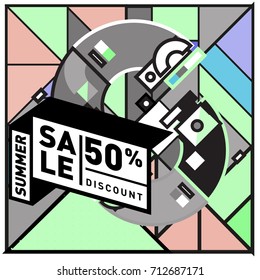 Summer sale retro memphis style web banner. Fashion and travel discount poster. Vector holiday Abstract colorful retro illustration with special offer and promotion.