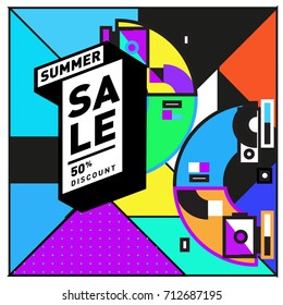 Summer sale retro memphis style web banner. Fashion and travel discount poster. Vector holiday Abstract colorful retro illustration with special offer and promotion.