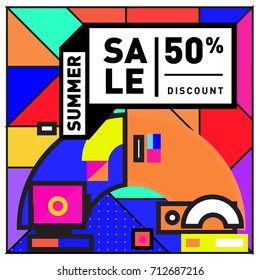 Summer sale retro memphis style web banner. Fashion and travel discount poster. Vector holiday Abstract colorful retro illustration with special offer and promotion.