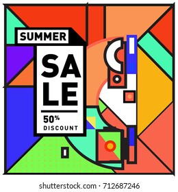 Summer sale retro memphis style web banner. Fashion and travel discount poster. Vector holiday Abstract colorful retro illustration with special offer and promotion.