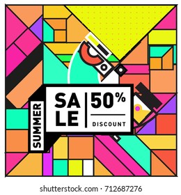 Summer sale retro memphis style web banner. Fashion and travel discount poster. Vector holiday Abstract colorful retro illustration with special offer and promotion.