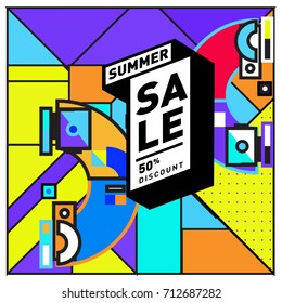 Summer sale retro memphis style web banner. Fashion and travel discount poster. Vector holiday Abstract colorful retro illustration with special offer and promotion.