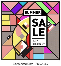 Summer sale retro memphis style web banner. Fashion and travel discount poster. Vector holiday Abstract colorful retro illustration with special offer and promotion.