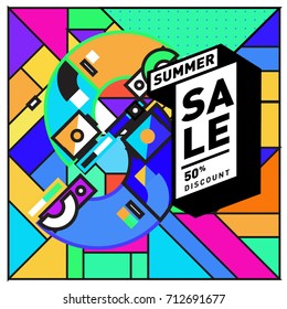 Summer sale retro memphis style web banner. Fashion and travel discount poster. Vector holiday Abstract colorful retro illustration with special offer and promotion.