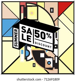 Summer sale retro memphis style web banner. Fashion and travel discount poster. Vector holiday Abstract colorful retro illustration with special offer and promotion.